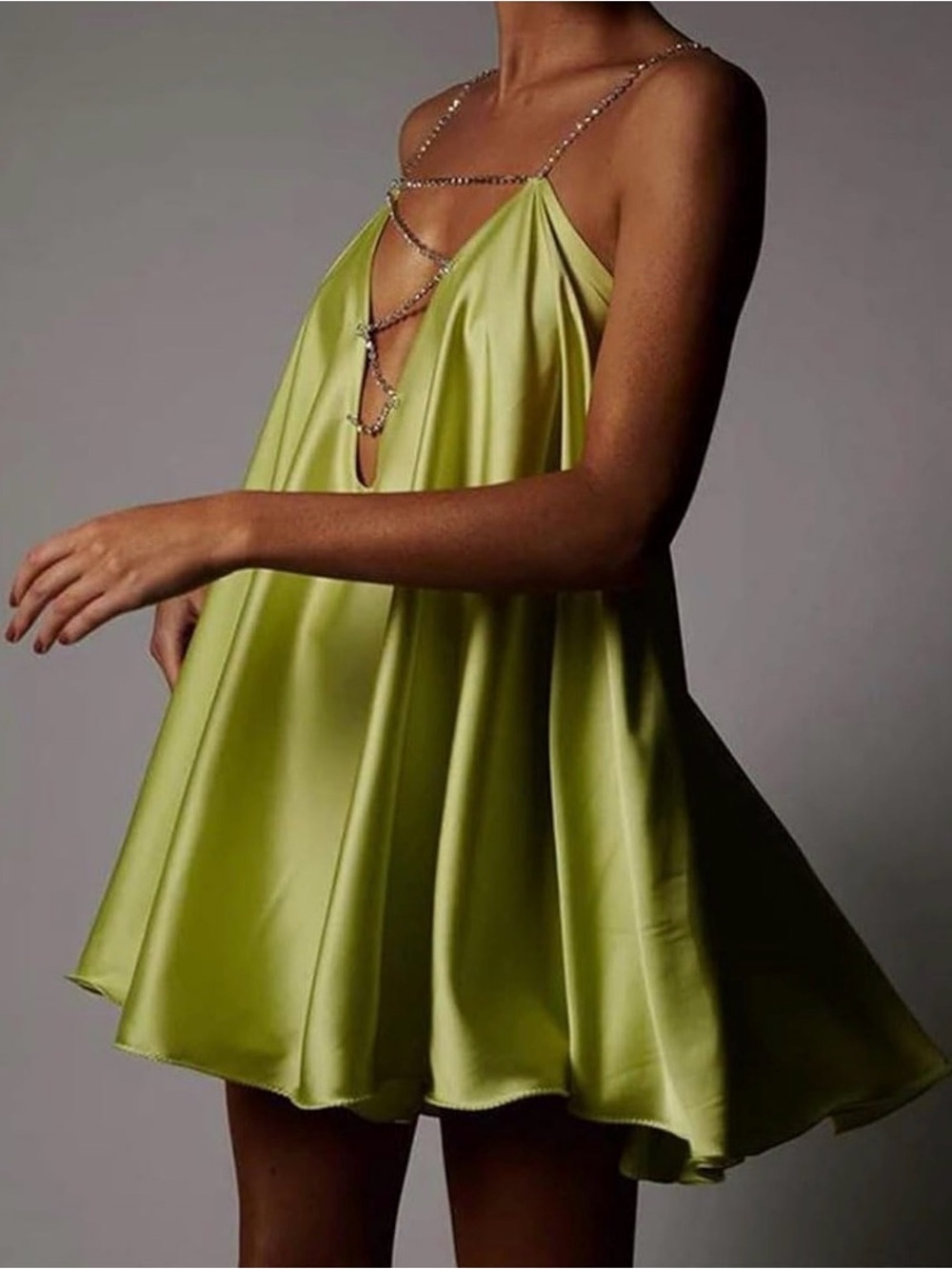 Women’s Green Satin Rhinestone Babydoll Dress Size Large